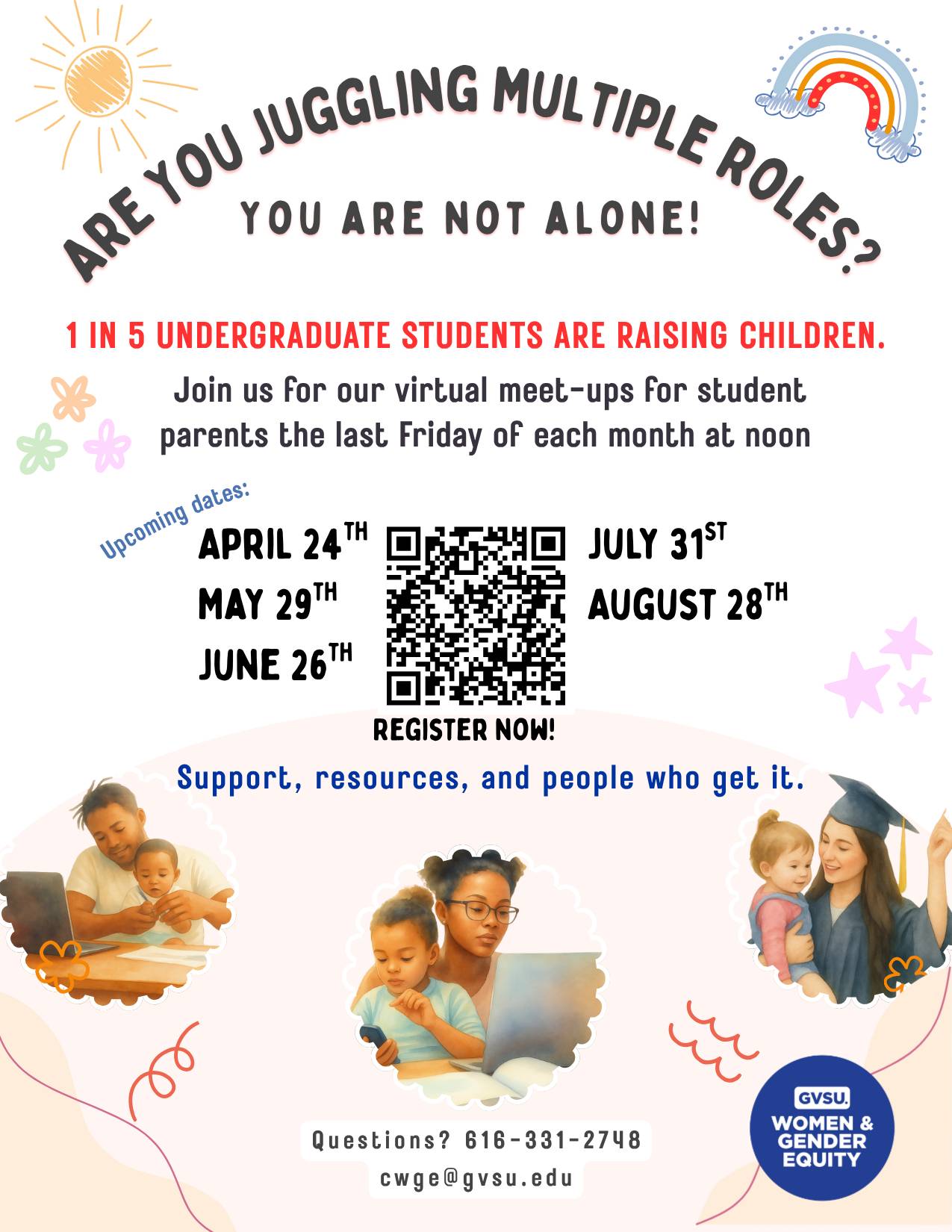 Flyer advertising the Virtual Parent Support Session that take place the last Friday of each month shows images of college students who are parents